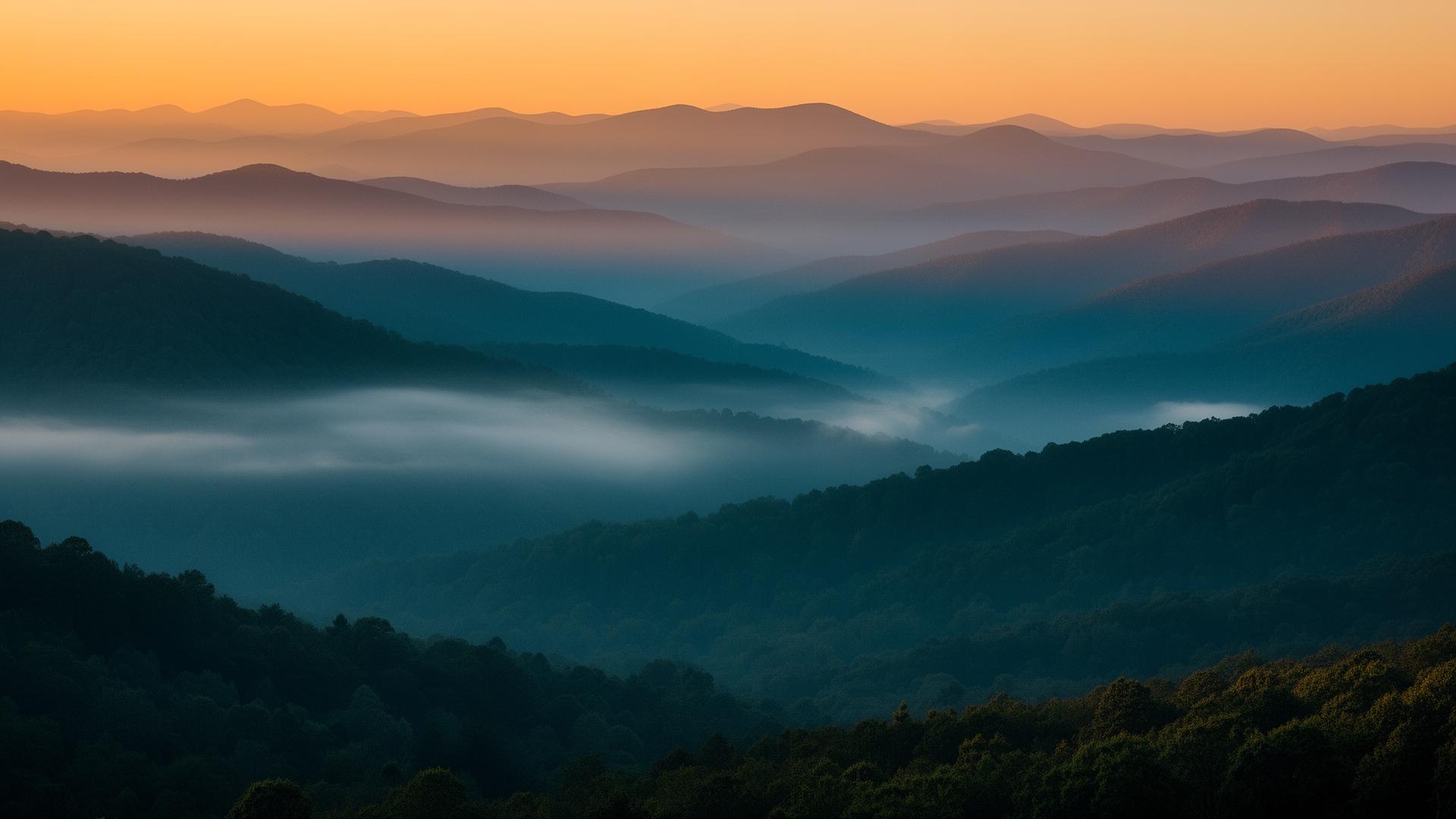 Layered Blue Ridge Mountains at golden hour in western North Carolina